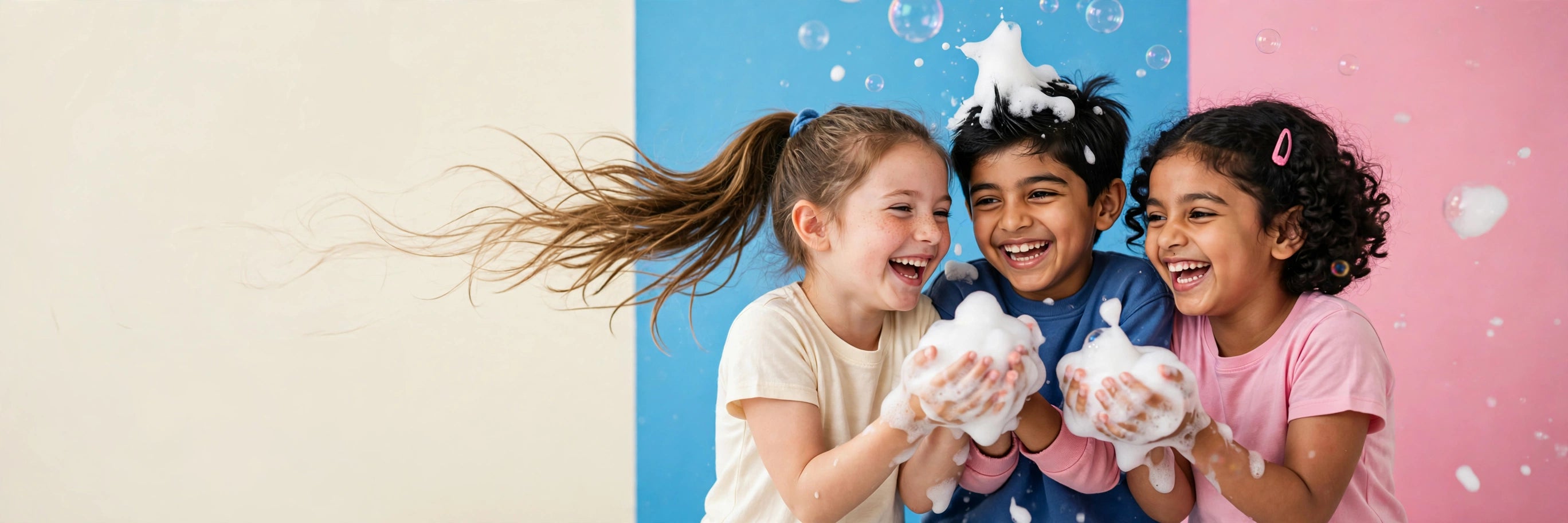 Happy kids playing with foam